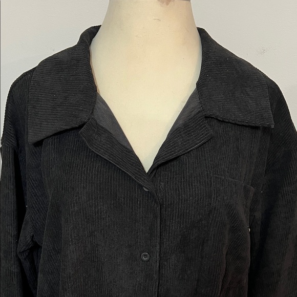 Corduroy Black  Long Sleeve Collard Button Front Shirt Dress with Pockets - Picture 3 of 13